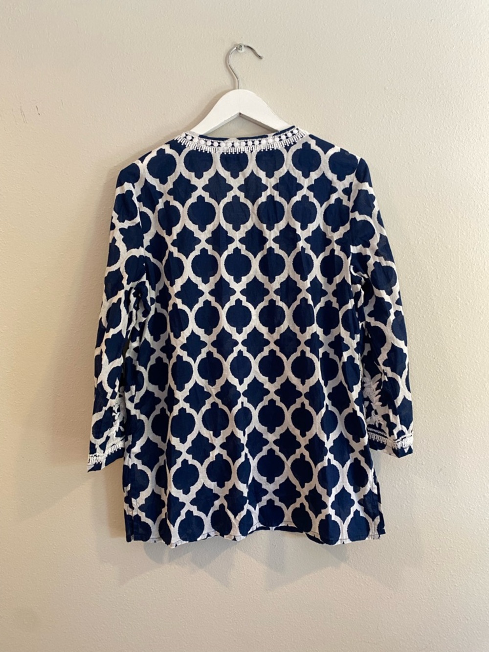 Talbots Navy White Lattice Embroidered Tunic Cotton Boho Peasant Top Size Medium - Picture 10 of 10